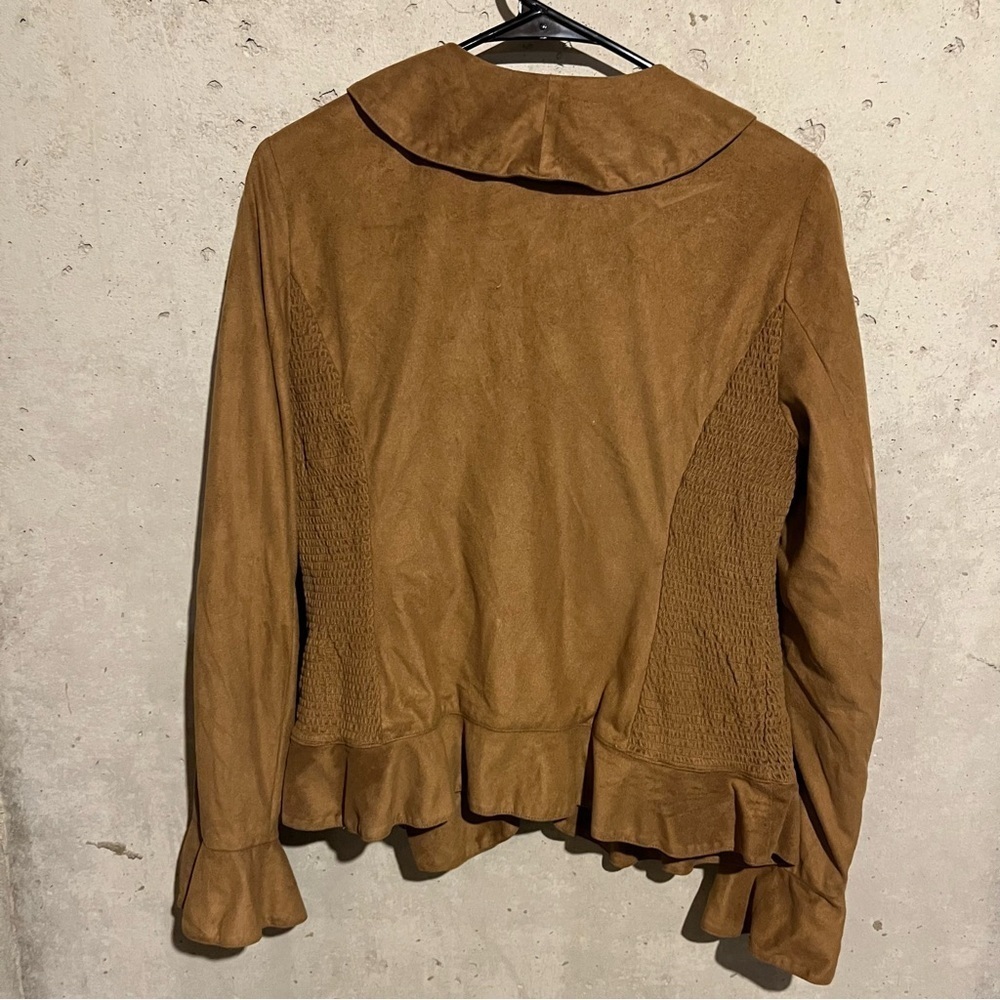 Jones New York Signature Womens Size 8 Faux Suede Zip Up Jacket Brown Ruffle - Picture 7 of 11